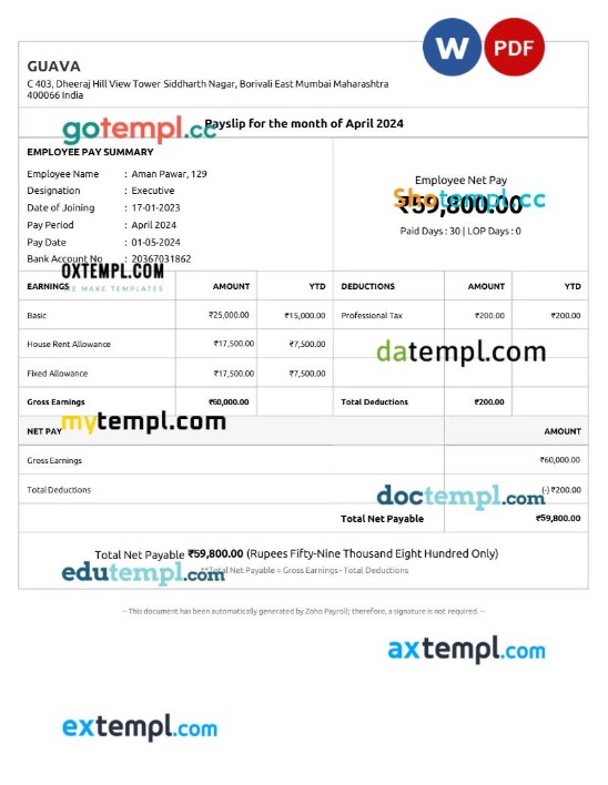 Guava payslip template in Word and PDF formats