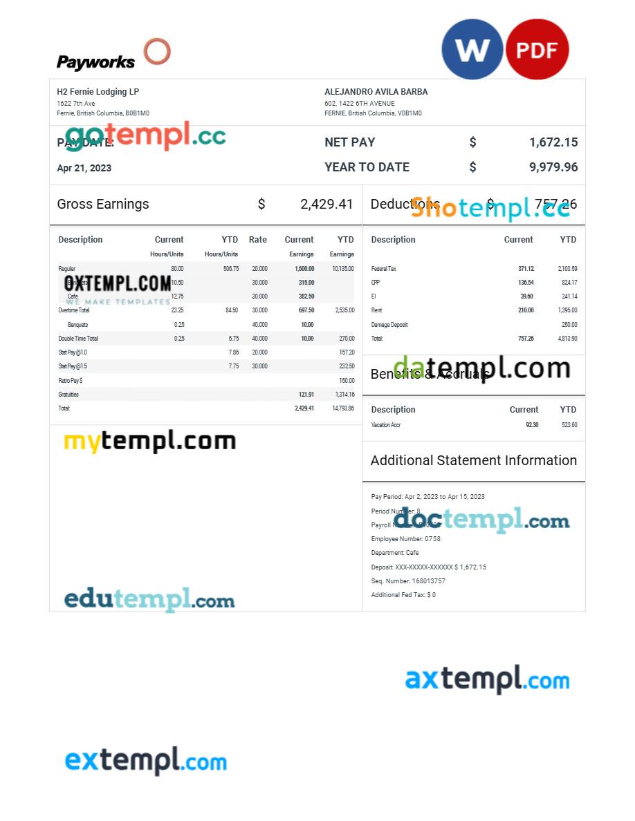 H2 Fernie Lodging LP pay statement template in Word and PDF formats