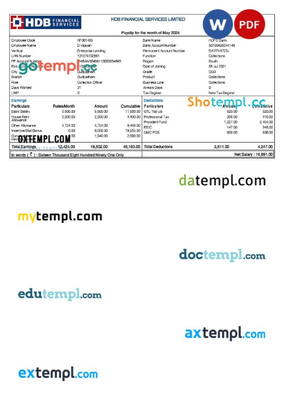 HDB Financial Services payslip template in Word and PDF formats