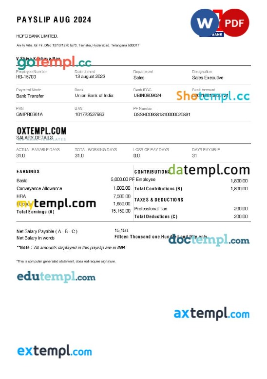 HDFC Bank payslip template in Word and PDF formats