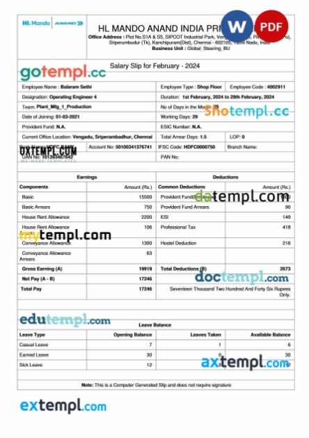 HL Mando Anand India manufacturer salary slip template in Word and PDF formats