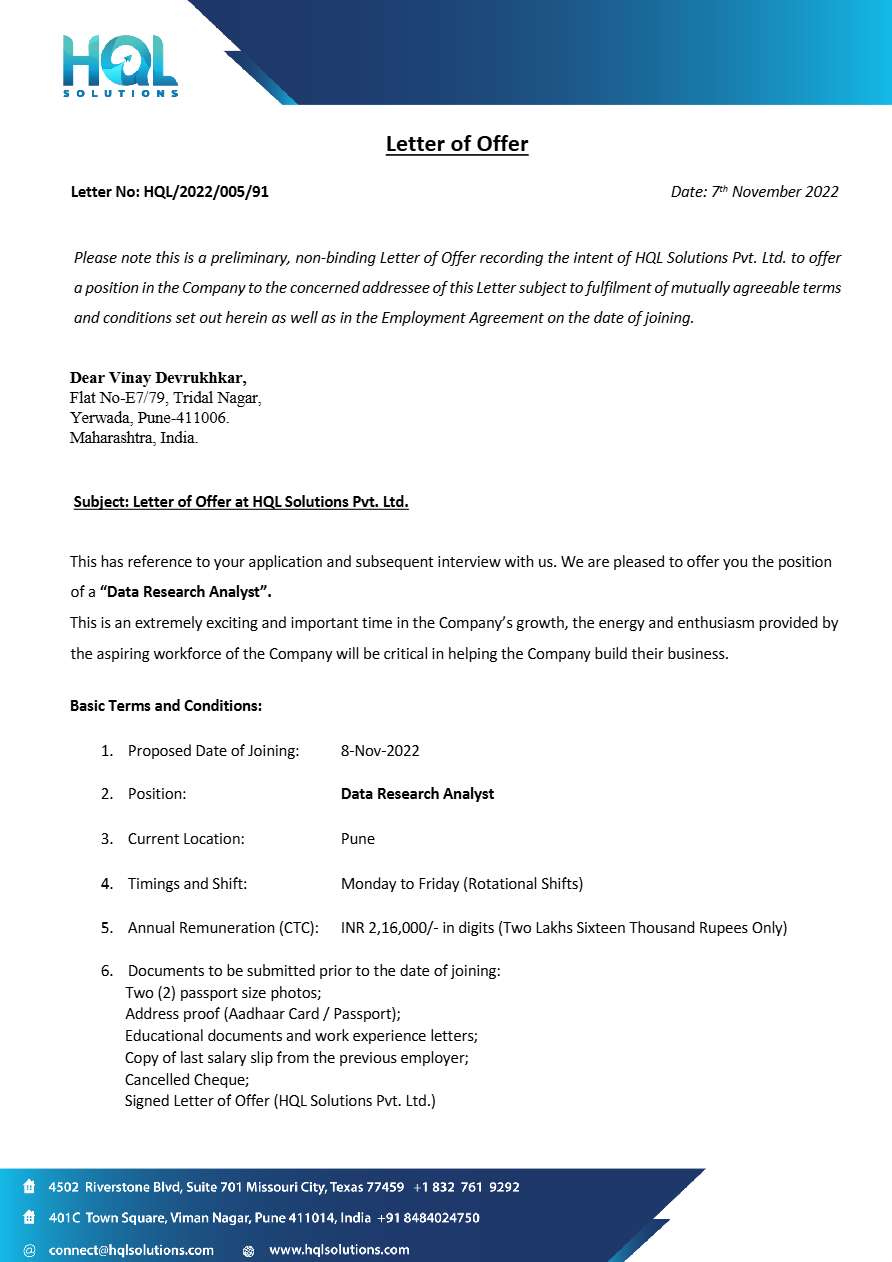 HQL Solutions Pvt. Ltd. Data Research Analyst offer letter in Word and Pdf formats