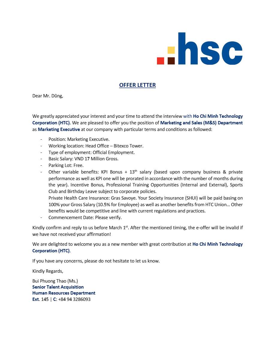 HTC Marketing Executive offer letter in Word and Pdf formats