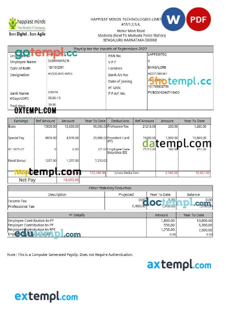 Happiest Minds Technologies payslip template in Word and PDF formats