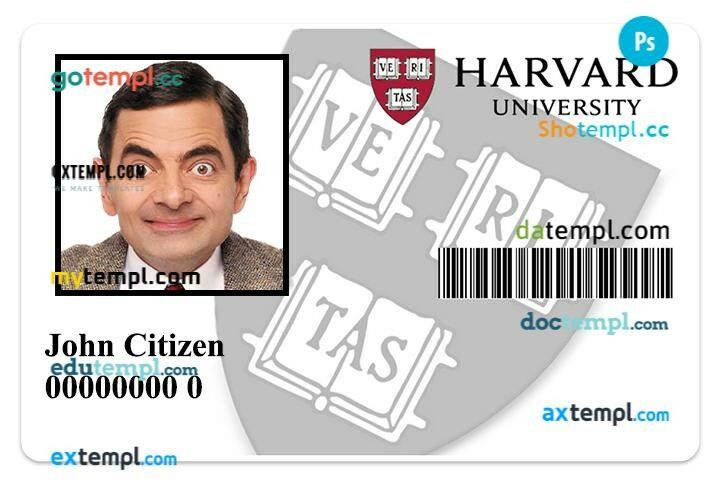 Harvard University student ID template in PSD format, fully editable