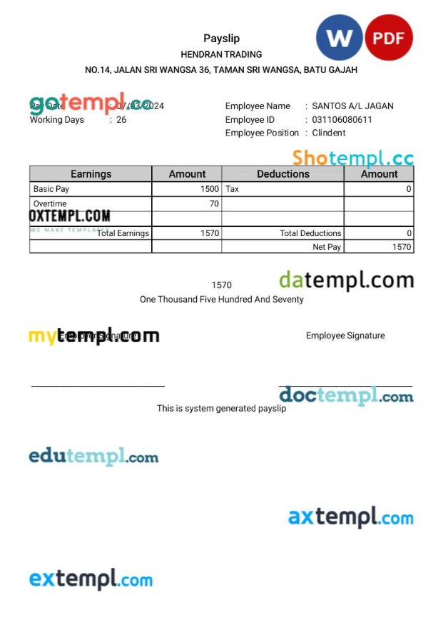 Hendran Tranding building company payslip template in Word and PDF formats