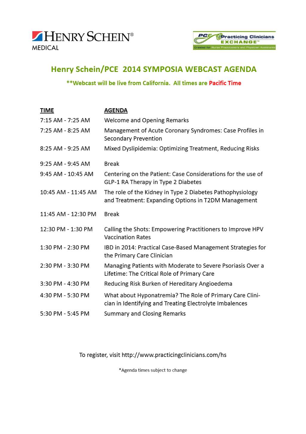 Henry Shein Symposia Webcast agenda template in Word and PDF formats