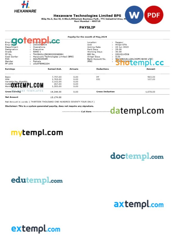 Hexaware Technologies payslip template in Word and PDF formats