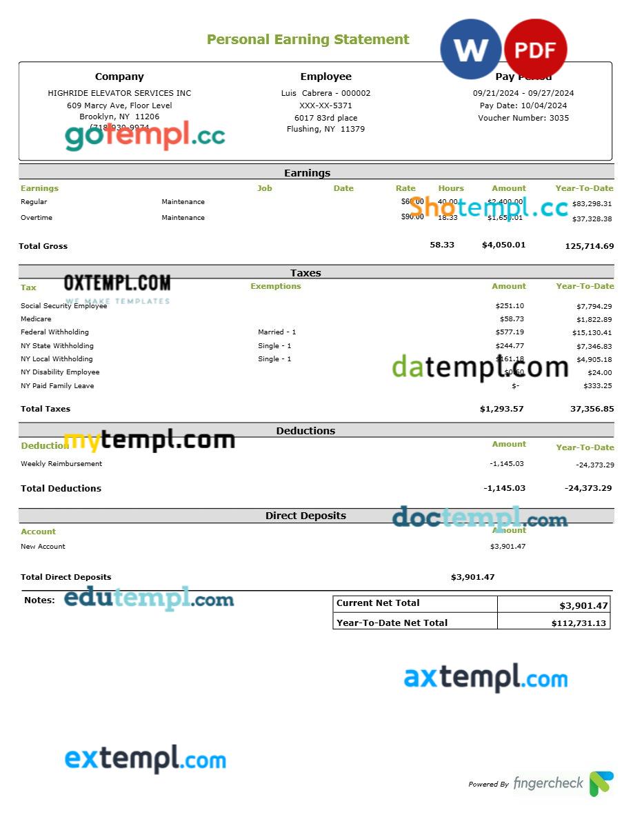 Highride Elevator Services INC personal earning statement template in Word and PDF formats
