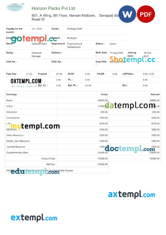 Horizon Packs payslip template in Word and PDF formats