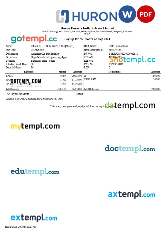 Huron Eurasia India payslip template in Word and PDF formats