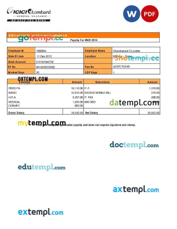 ICICI Lombard General Insurance Company payslip template in Word and PDF formats