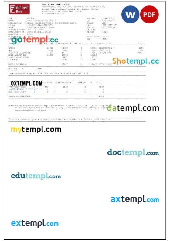 IDFC First Bank LTD payslip template in Word and PDF formats