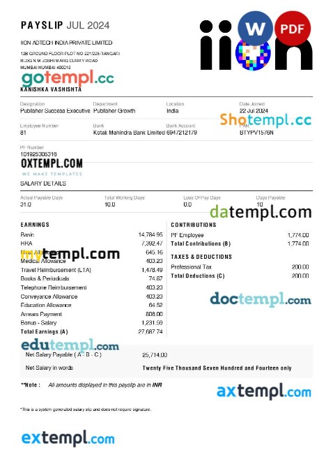 IION Adtech India payslip template in Word and PDF formats