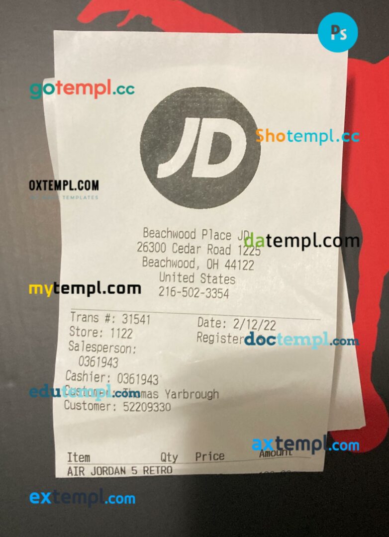 USA JD payment receipt PSD template