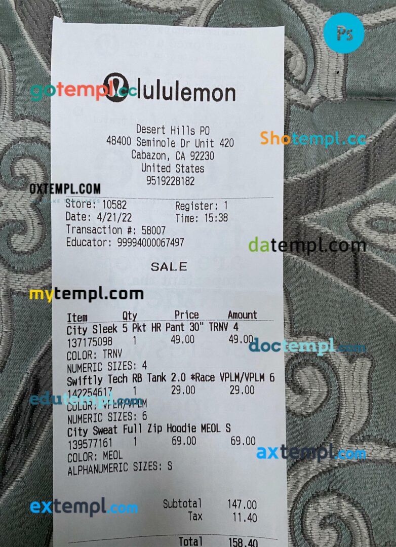 USA Lululemon shop payment receipt PSD template