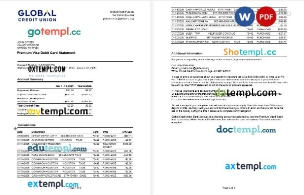 USA Alaska Global Credit Union bank statement, Word and PDF template, 2 pages