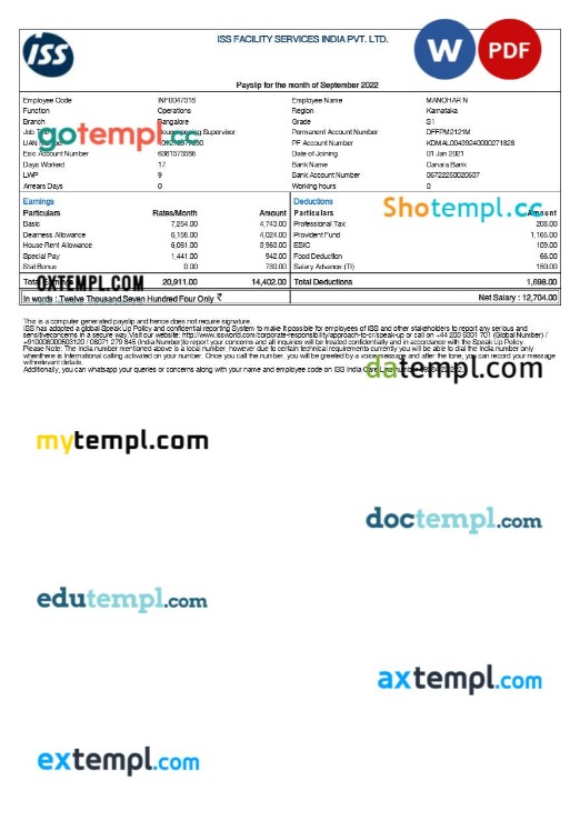 ISS facility services India payslip template in Word and PDF formats