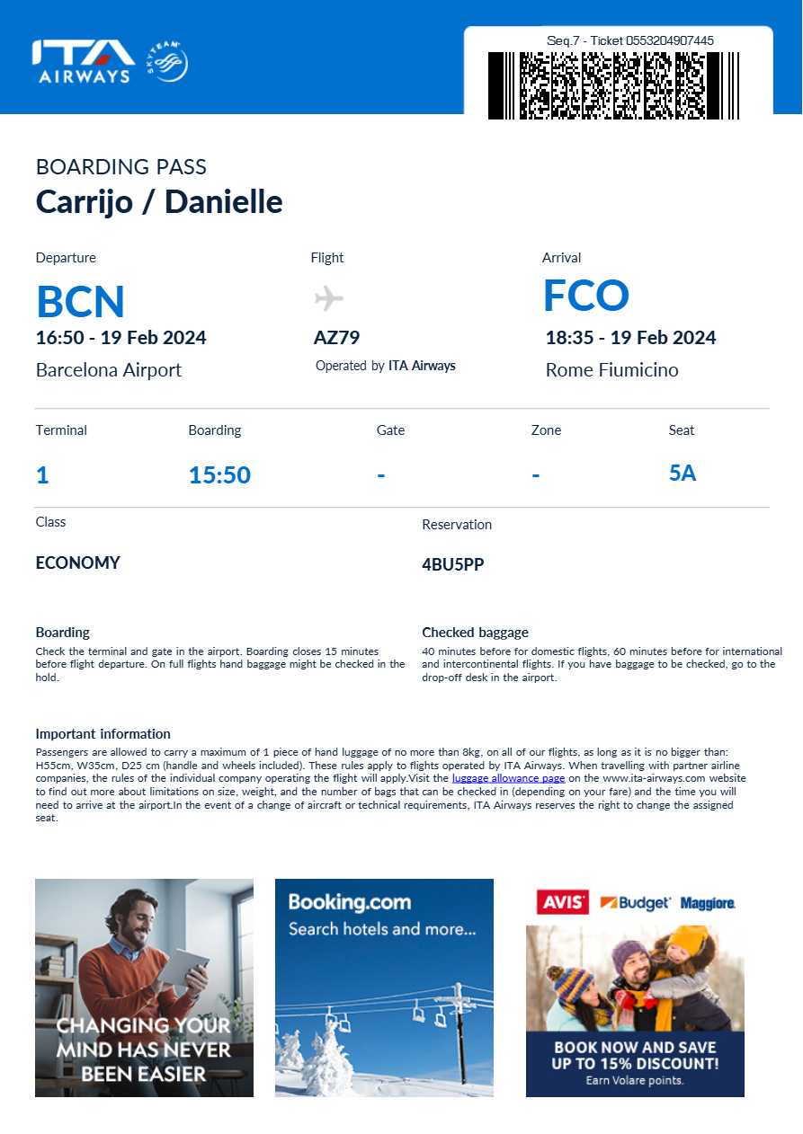 ITA Airways boarding pass in Word and PDF formats, version 2