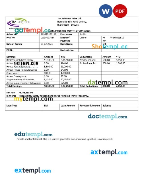 ITC Infotech payslip template in Word and PDF formats