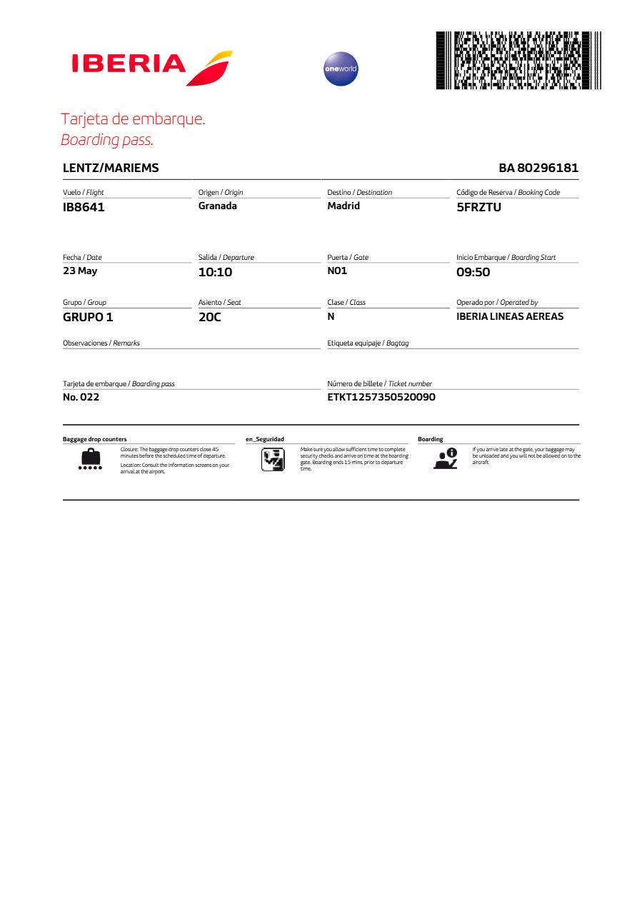 Iberia boarding pass in Word and PDF formats