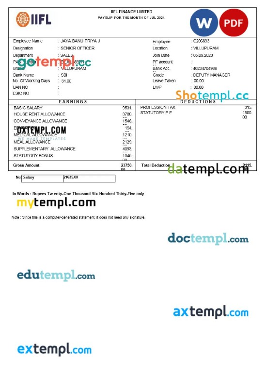 Iifl Finance payslip template in Word and PDF formats