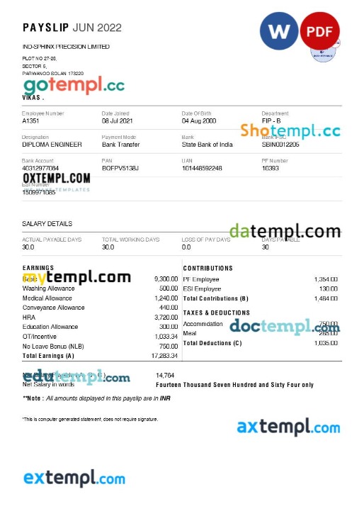 Ind-Sphinx Precision (Tool manufacturer) payslip template in Word and PDF formats