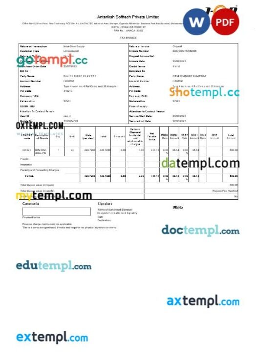 India Antariksh Softtech tax bill editable template in Word and PDF formats