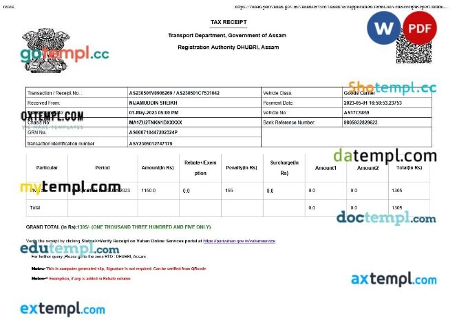 India Assam Transport Department tax receipt editable template in Word and PDF formats