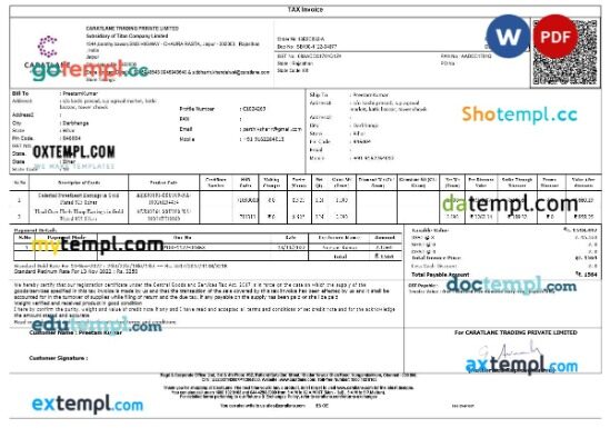 India Caratlane Trading tax invoice editable template in Word and PDF formats