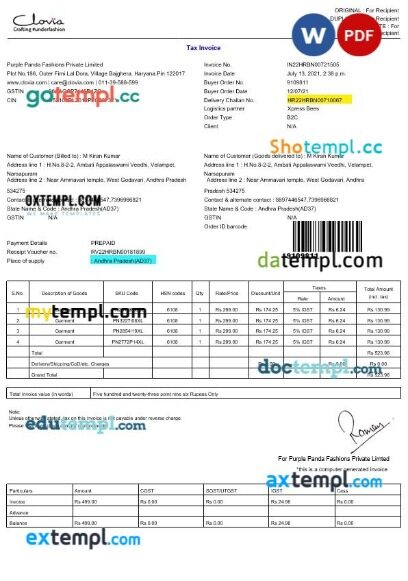 India Clovia Crafting tax invoice editable template in Word and PDF formats