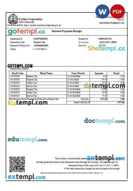 India Cochin Corporation property tax editable template in Word and PDF formats