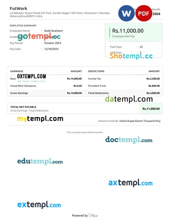 India FutWork E-commerce service company payslip template in Word and PDF formats