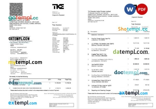 India Goa TK Elevator India Private Limited tax invoice editable template in Word and PDF formats