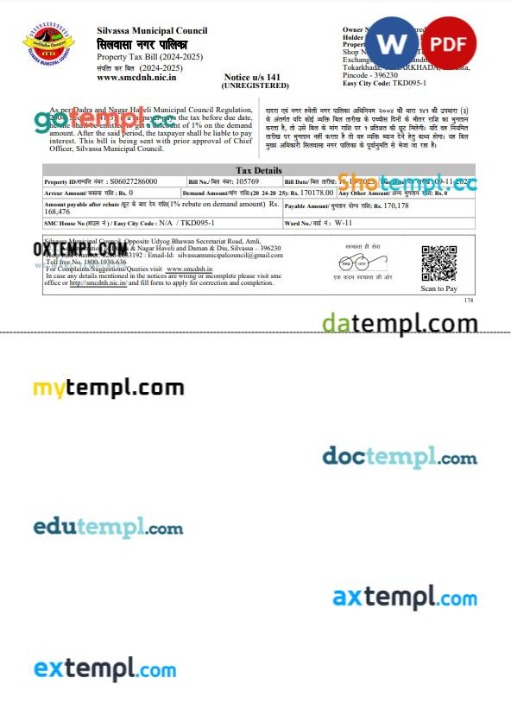 India Gujarat Silvassa Municipal Council property tax bill editable template in Word and PDF formats