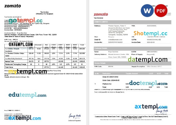 India Gurgaon Zomato tax invoice editable template in Word and PDF formats