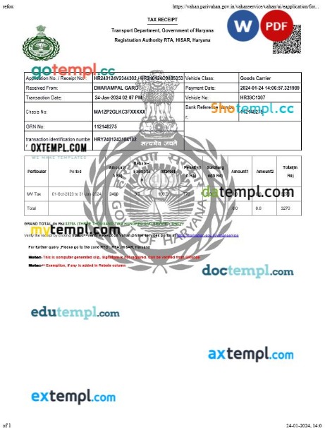 India Haryana Transport Department tax receipt editable template in Word and PDF formats