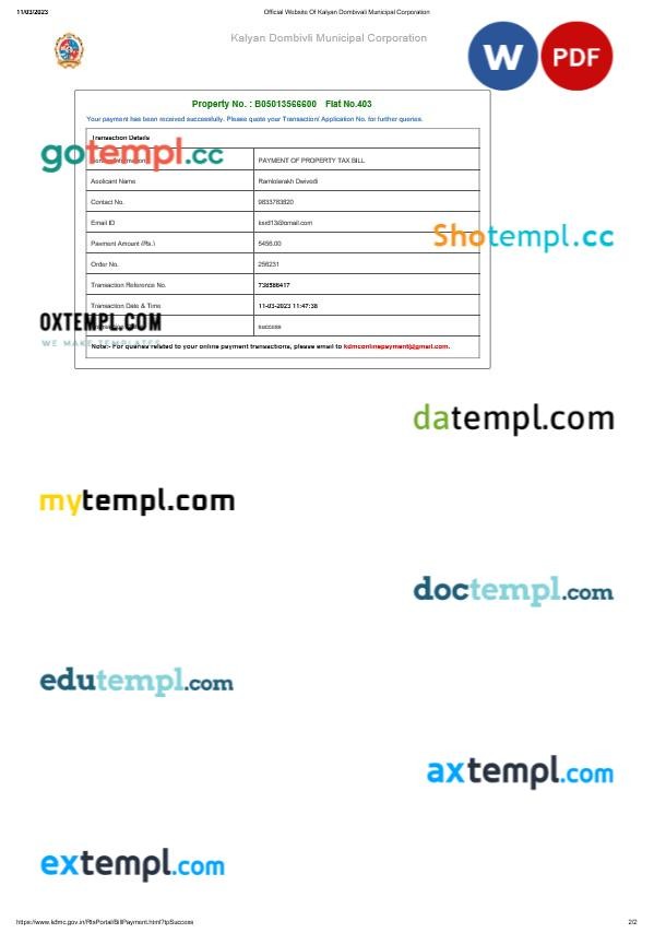 India Kalyan Dombivli Municipal Corporation property tax bill editable template in Word and PDF formats