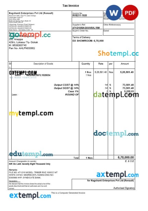 India Karnataka Nagshanti Enterprises tax invoice editable template in Word and PDF formats