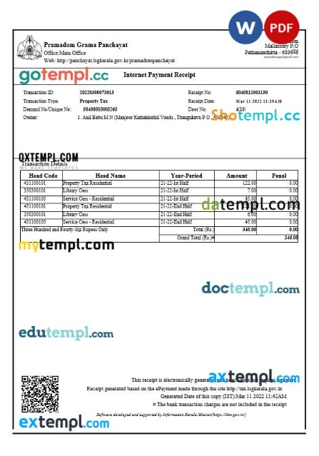 India Kerala Pramadom Grama Panchayat property tax receipt editable template in Word and PDF formats