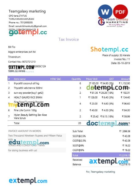 India Kerala Teamgalaxy Marketing tax invoice editable template in Word and PDF formats