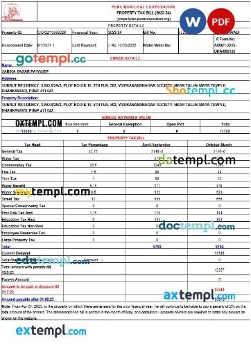 India Maharashtra Pune Municipal Corporation property tax bill editable template in Word and PDF formats