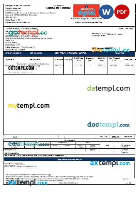 India Maharashtra Reliance Retail Limited tax invoice editable template in Word and PDF formats