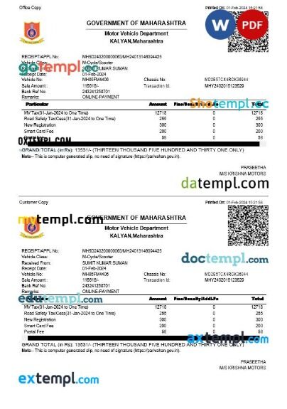 India Maharashtra vehicle tax receipt editable template in Word and PDF formats