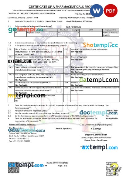 India Pharmaceuticals product certificate editable template in Word and PDF format