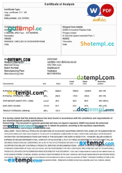 India Saudi Basic Industries Corporation (SABIC) certificate of analysis editable template in Word and PDF format