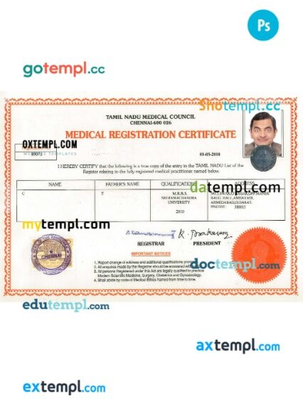 India Tamil Nadu registration certificate template in PSD format