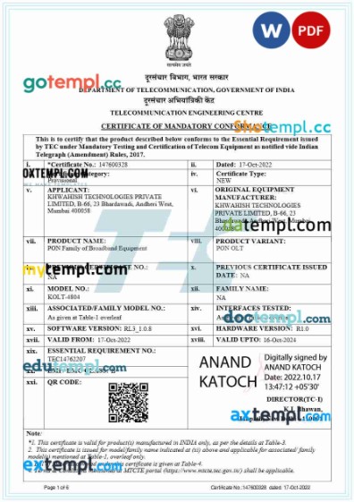 India Telecommunication Mandatory Conformance product certificate editable template in Word and PDF format