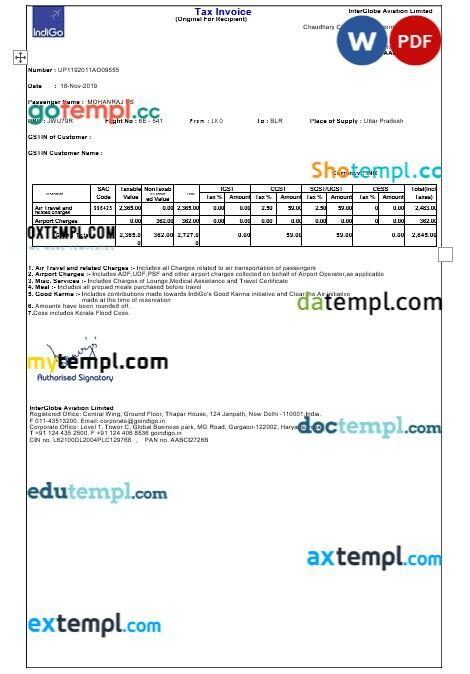 India Uttar Pradesh IndiGo tax invoice editable template in Word and PDF formats