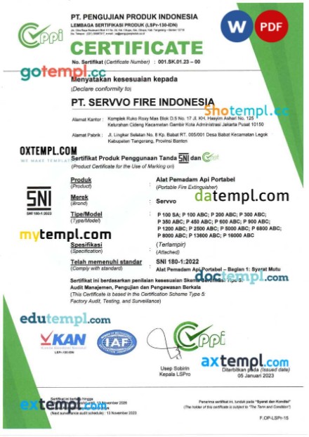 Indonesia PT. Pengujian Produk Indonesia (PPI) product certificate editable template in Word and PDF format